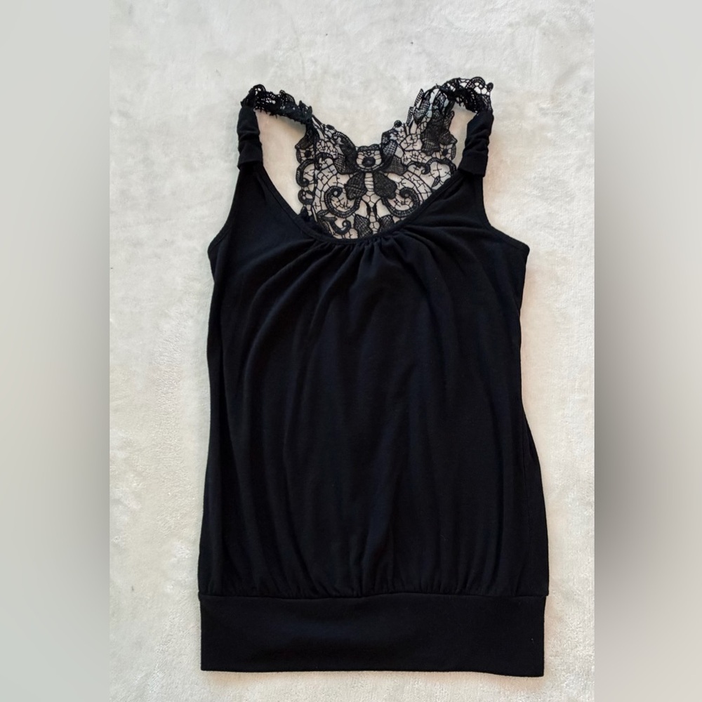 Eyeshadow Y2K Lace Tank Top Women Medium Black Boho Sleeveless Crochet Back